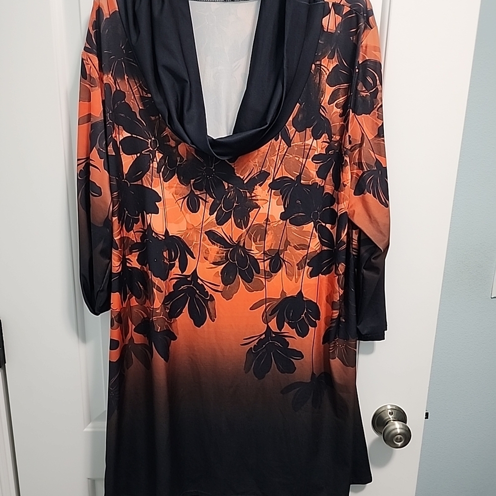 Floral Black and Orange Cowl Neck Dress